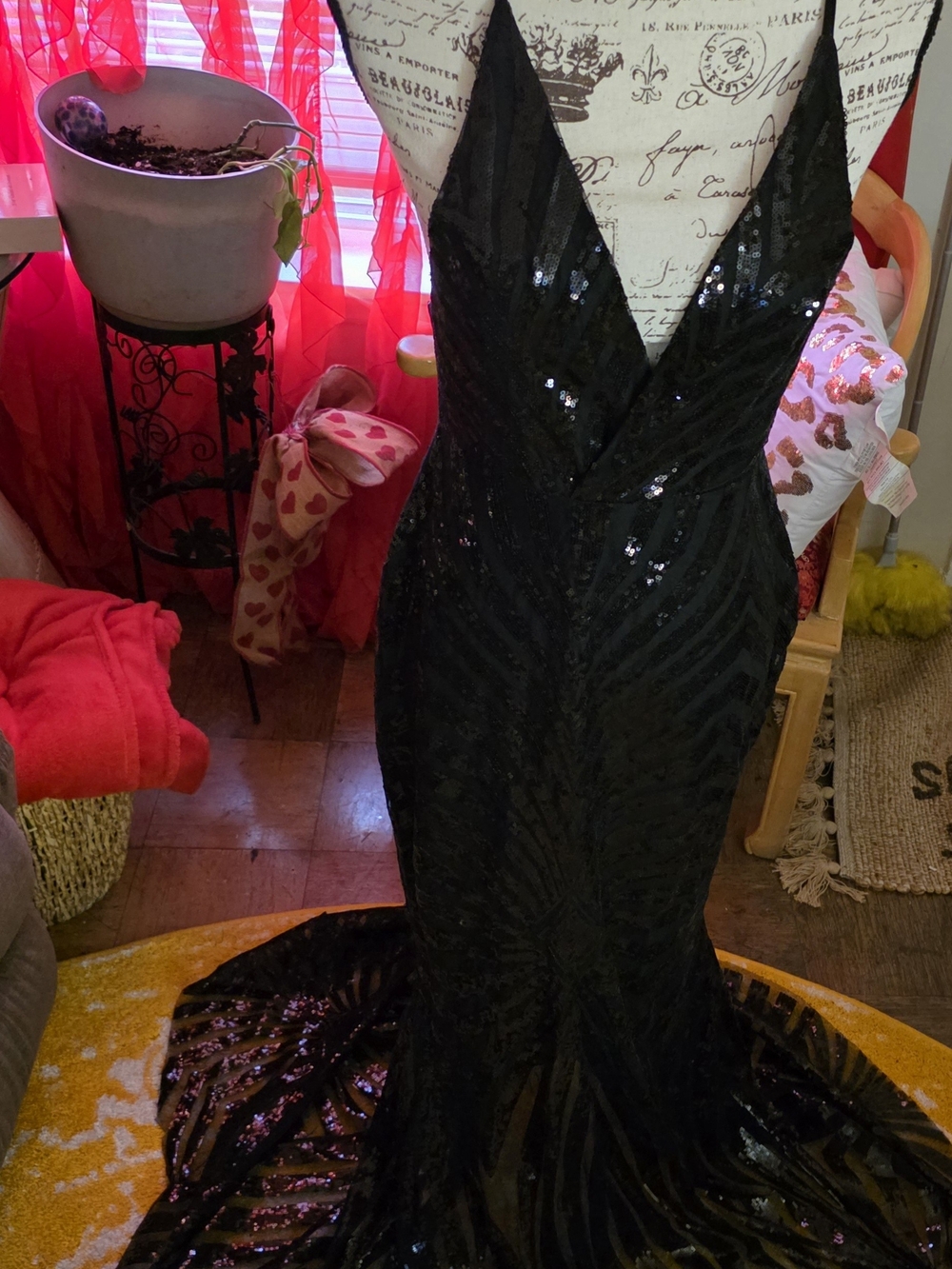 SHEIN Black Sequin V-Neck Formal Gown
